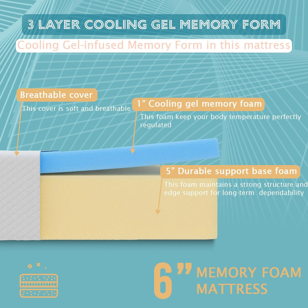 6 Inch Queen Mattress, Gel Memory Foam Queen Size Mattress, Pressure Relieving, Cooling Gel Foam, Queen Mattress in a Box, Certipur-Us Certified, Bed-in-a-Box, Queen, 80'L x 60'W x 6'Th,White