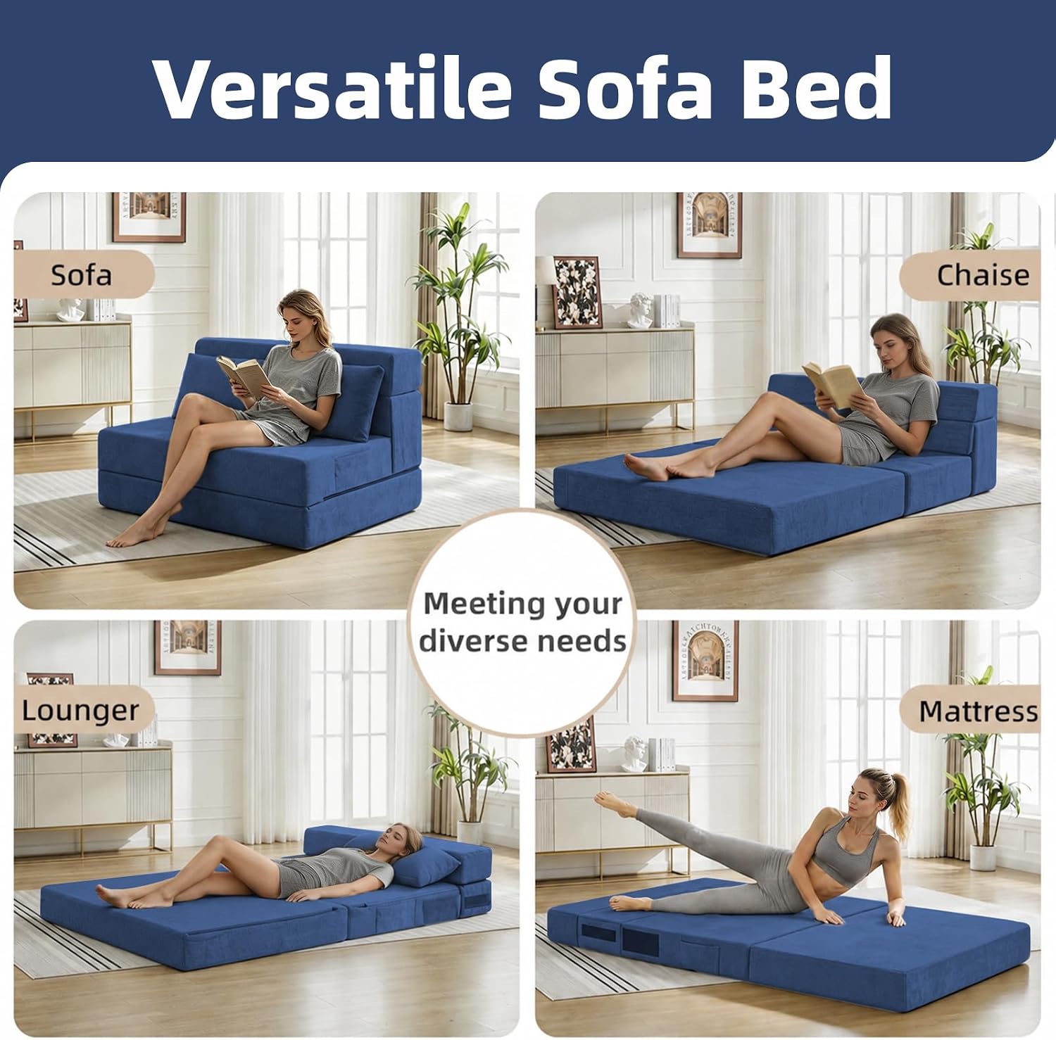 Folding Sofa Bed, Convertible Sleeper Chair with Pillow, Loveseat Fold Out Chair Bed, Memory Foam Floor Couch Mattress, Foldable Futon Couch Lounge for Living Room Guest (Blue, Twin)