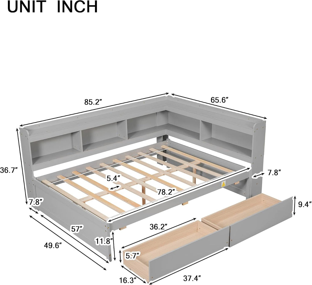 Full Size Platform Bed with L-Shaped Storage Shelfs and Bookcases, Pine Wood Day Bed with 2 Storage Drawers for Office/Living Room/Bedroom, Maximize Space (Gray)