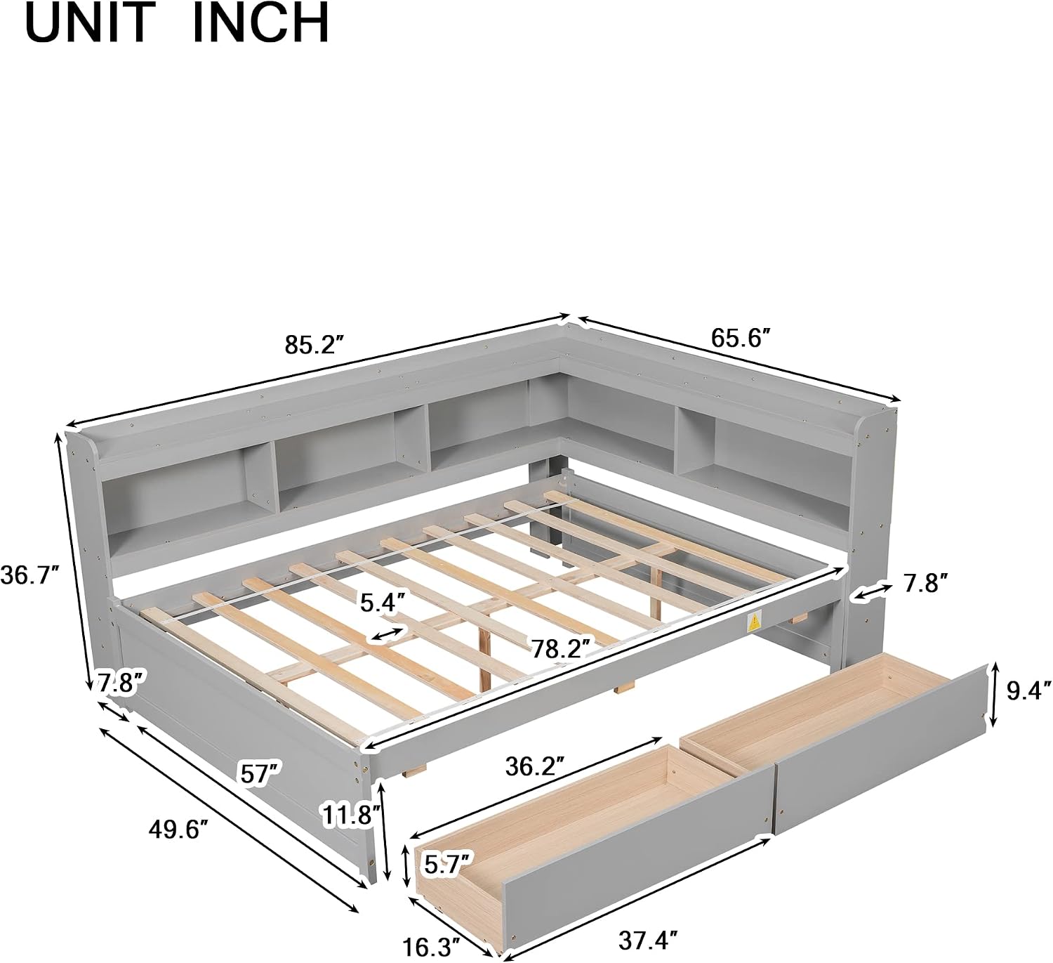 Full Size Platform Bed with L-Shaped Storage Shelfs and Bookcases, Pine Wood Day Bed with 2 Storage Drawers for Office/Living Room/Bedroom, Maximize Space (Gray)