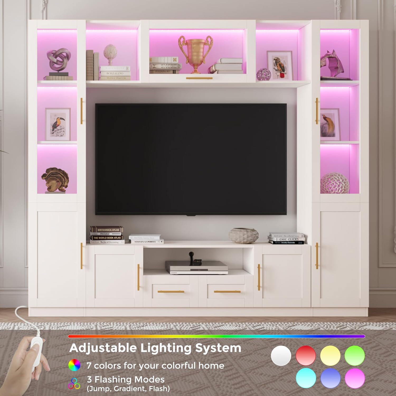 Bobve 94' Wall Unit Entertainment Center for TVs up to 70',Modern TV Console with APP LED Lights,Multifunctional TV Stand with Tempered Glass Door,Drawers & Shelves for Living Room,White