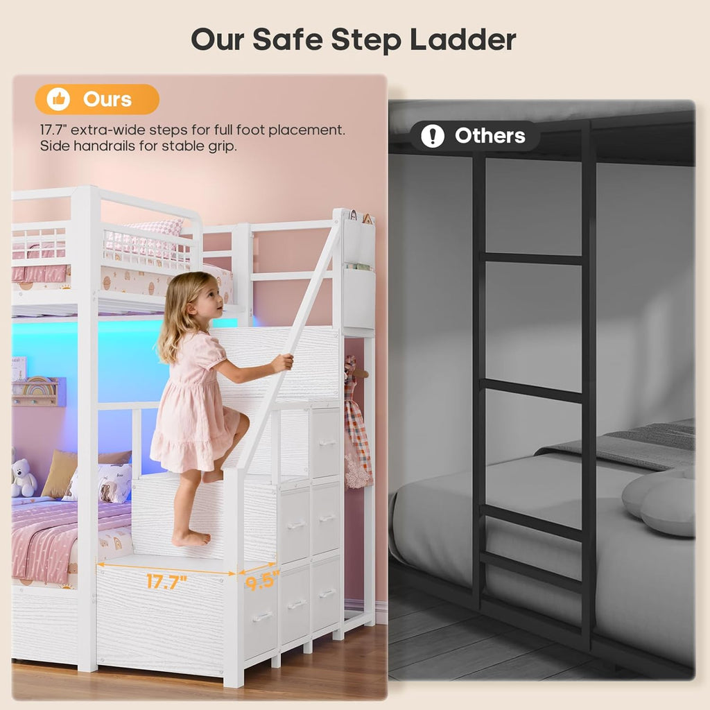 BTHFST Bunk Bed Twin Over Twin with Stairs, LED Lights Twin Bunk Bed with 2 Storage Drawers & 6 Fabric Drawers, Metal Twin Loft Beds with Guardrail & Stairs, Space Saving, Sturdy Frame for Teens