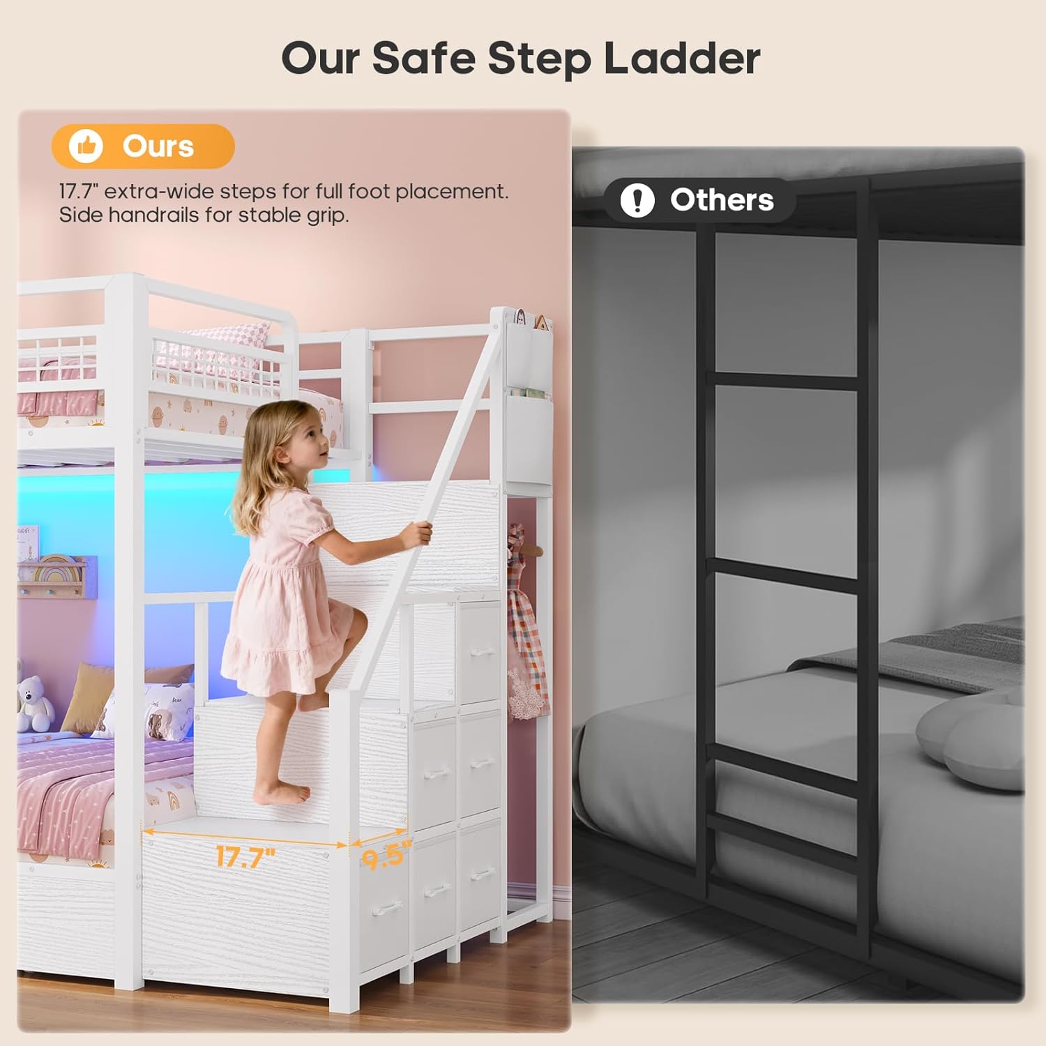 BTHFST Bunk Bed Twin Over Twin with Stairs, LED Lights Twin Bunk Bed with 2 Storage Drawers & 6 Fabric Drawers, Metal Twin Loft Beds with Guardrail & Stairs, Space Saving, Sturdy Frame for Teens