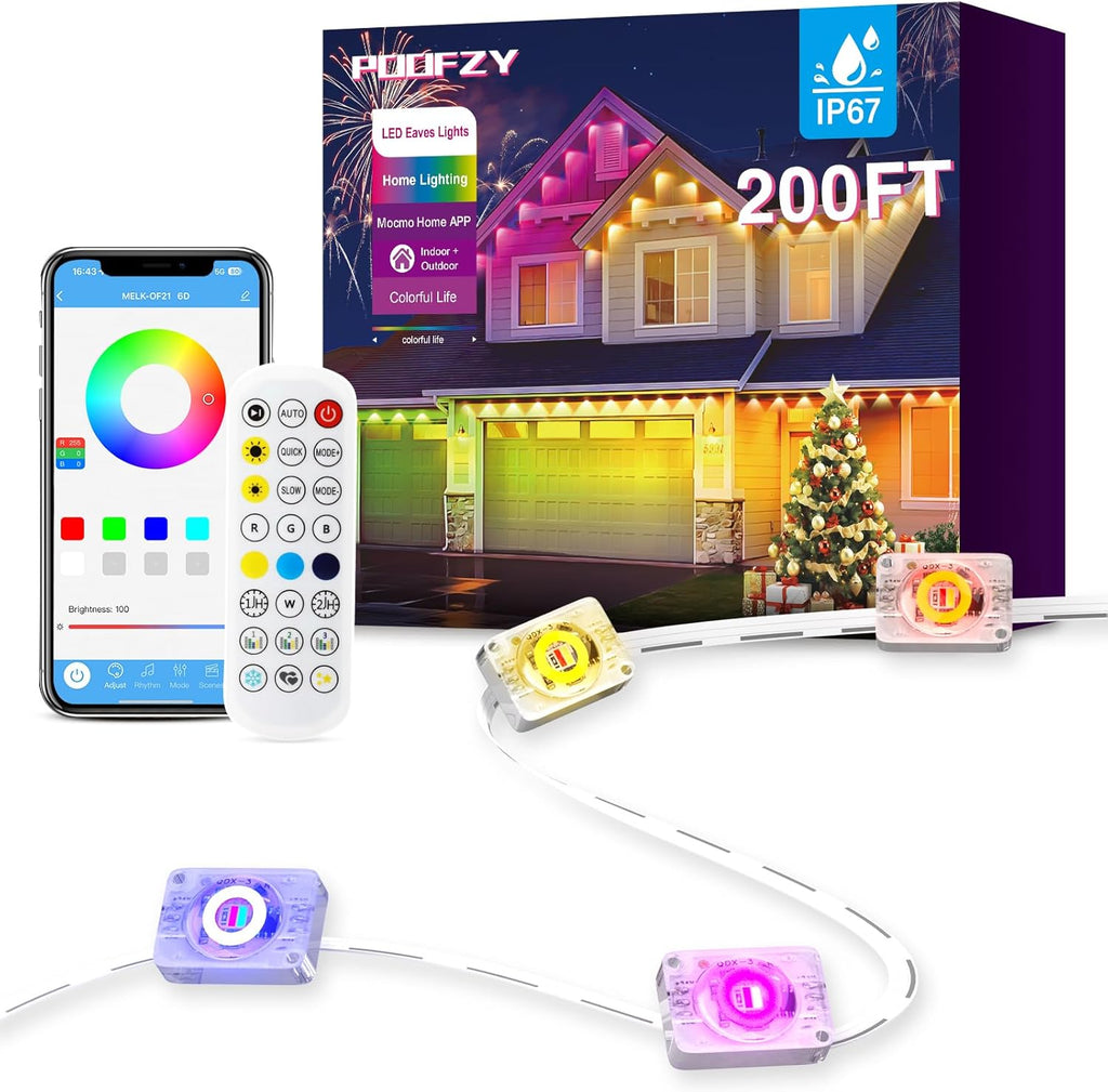 POOFZY Permanent Outdoor Lights for House,200ft RGB+IC Smart Outdoor Decor, 50 Scene Modes,App/Remote Control,for Christmas,V-Day,Thanksgiving,Daily & Holiday Party Decor