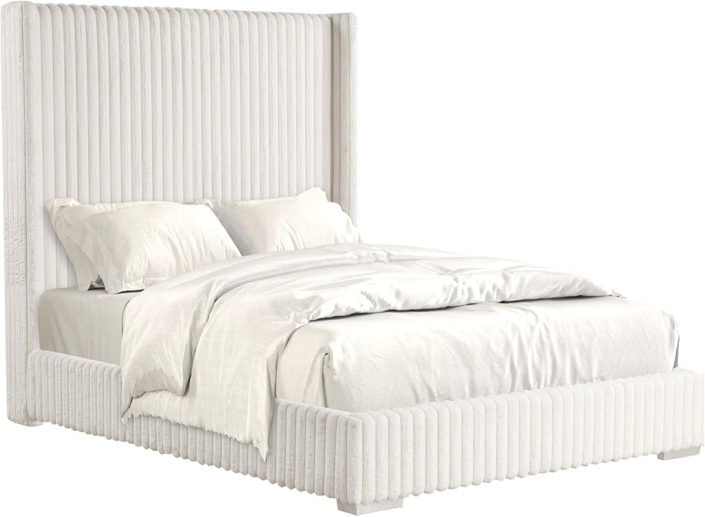 Furniture of America Plutforn Modern Wood 59-inch Full Platform Bed with Fur Chenille Fabric, No Box Spring Required for Bedroom, Guest Room, White