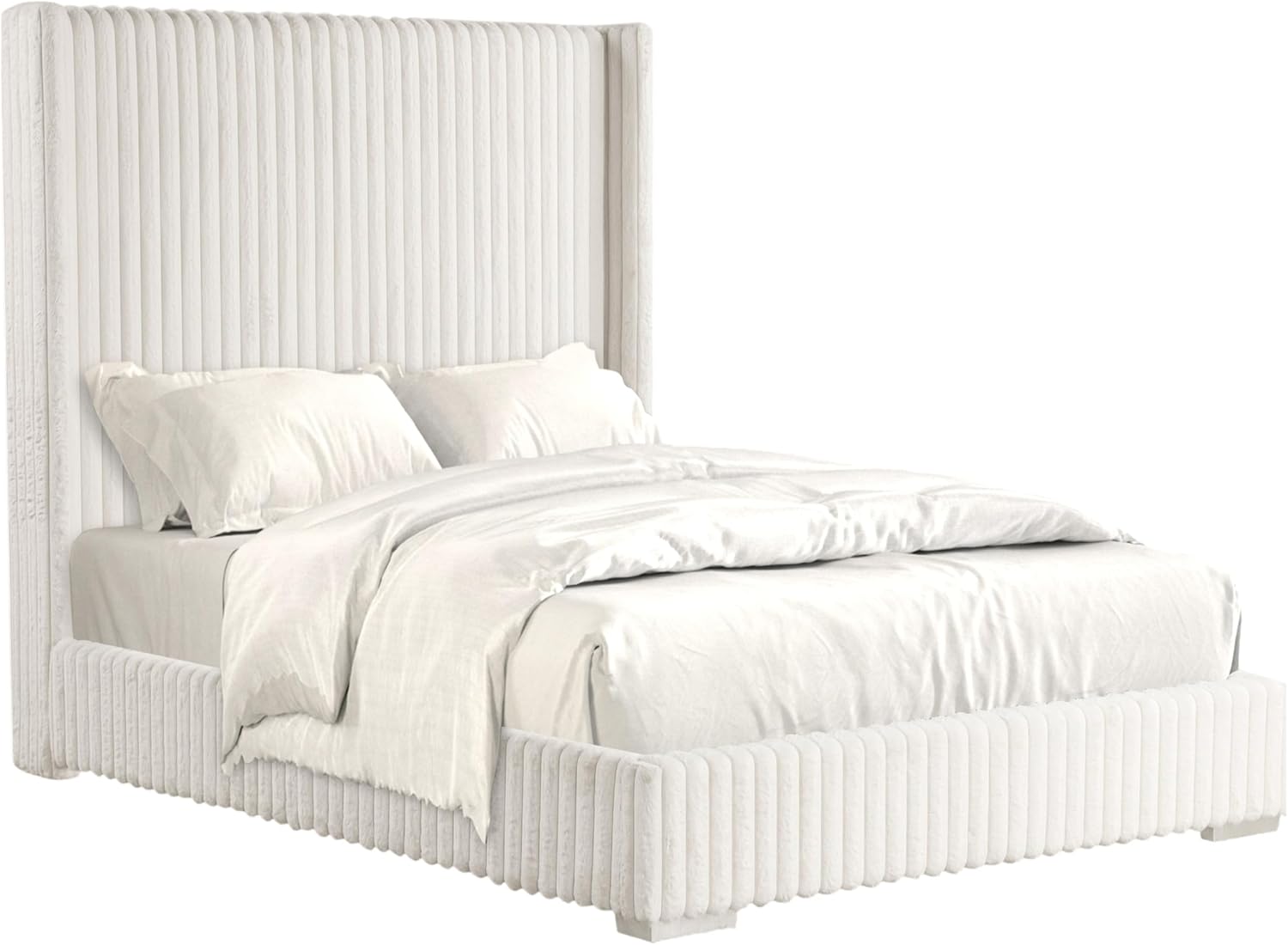 Furniture of America Plutforn Modern Wood 59-inch Full Platform Bed with Fur Chenille Fabric, No Box Spring Required for Bedroom, Guest Room, White
