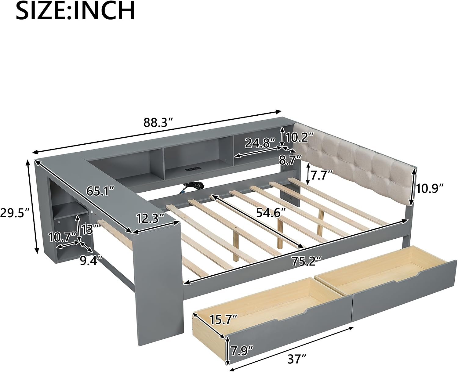 Full Size Platform Bed with Storage Shelves and Study Desk, Wood Daybed Frame with Upholstered Headboard and 2 Drawers for Office/Living Room/Bedroom, Maximize Space