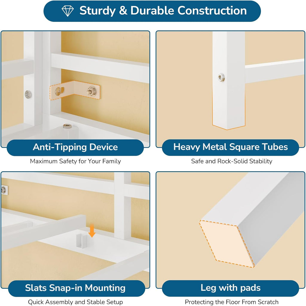 Twin Loft Bed with L-Shaped Desk, 7 Storage Drawers, Metal Loft Bed Twin Size with LED Lights and Charging Station, Storage Shelf and Pegboard, Safety Guardrail and Ladder, No Box Spring Needed, White