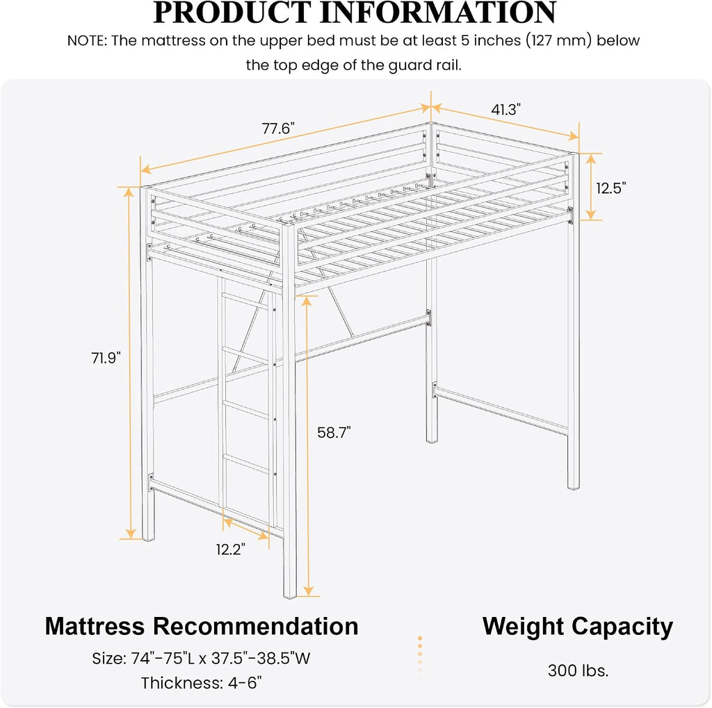 SHA CERLIN Loft Bed Twin Size with Ladder and Guardrail,Heavy Duty Metal Slats Support No Box Spring Needed Small Space Saving Furniture for Bedroom Dorm,White