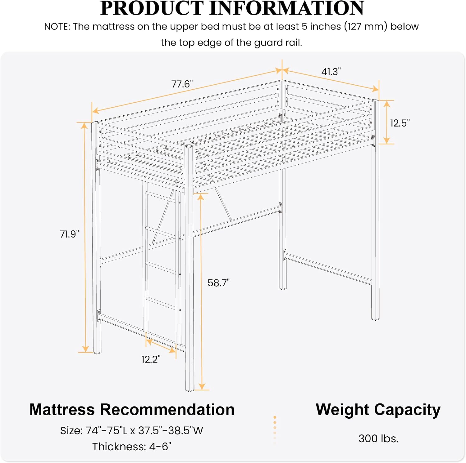 SHA CERLIN Loft Bed Twin Size with Ladder and Guardrail,Heavy Duty Metal Slats Support No Box Spring Needed Small Space Saving Furniture for Bedroom Dorm,White