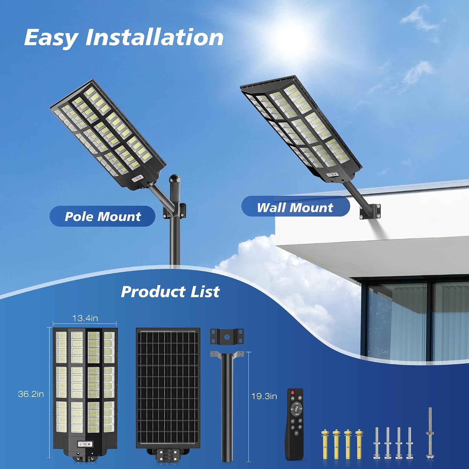 WYWNA 15000W Solar Street Lights Outdoor - Wide Angle Solar Lights Outdoor Motion Sensor, Commercial Parking Lot Light Dusk to Dawn, 7000K LED Street Light IP66 Waterproof with Remote Control
