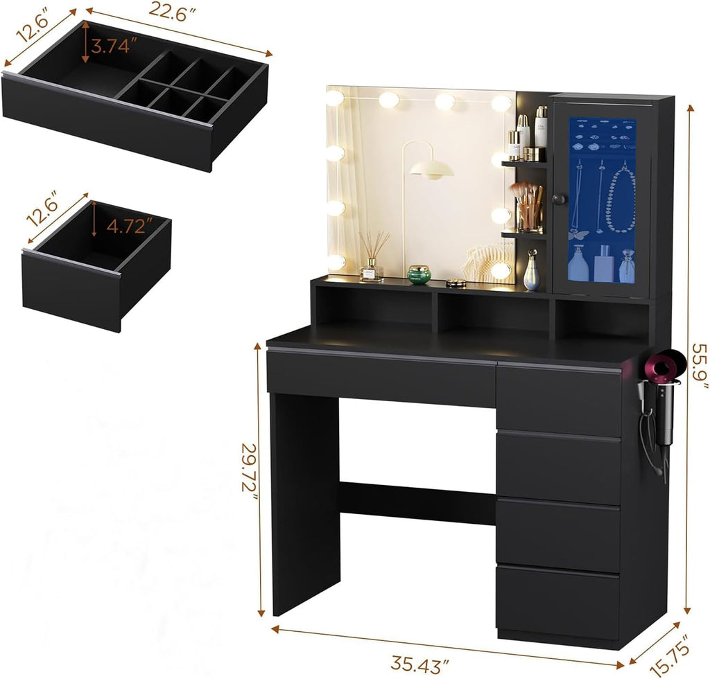 ERLEJIA Vanity Desk with LED Lights Mirror, Makeup Table with Power Outlet for Ladies and Girls, 35.43' RGB Light Makeup Desk with 6 Storage Drawers for Bedroom, Black