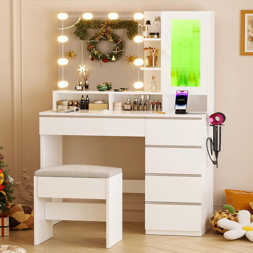 ERLEJIA Vanity Desk with LED Lights Mirror, 35.43' Modern Makeup Table with 6 Storage Drawers & Stool for Ladies and Girls, RGB Light Makeup Desk with Power Outlet for Bedroom Dressing Room, White
