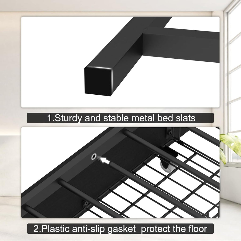 Black Full Corner Bed Frame with Storage Drawers, Metal Daybed with Storage Bookcase, Kids Platform Bed with Charging Station and LED Lights, No Spring Mattress Needed (Black, Full)