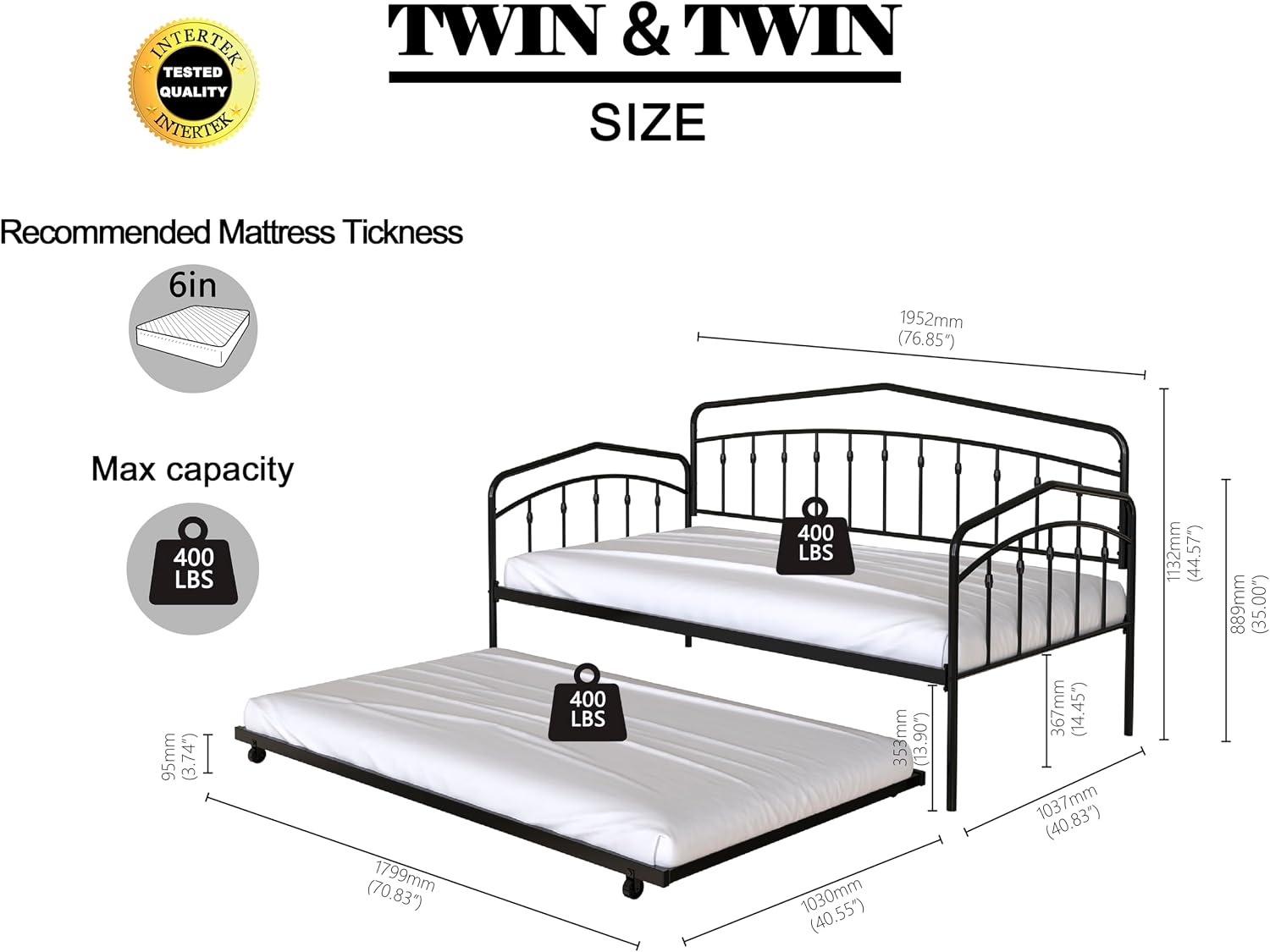 Twin Daybed with Trundle,Metal Sofa Bed Set,Rollaway Daybed Couch Bed Frame for Bedroom Living Room Guest Room Black