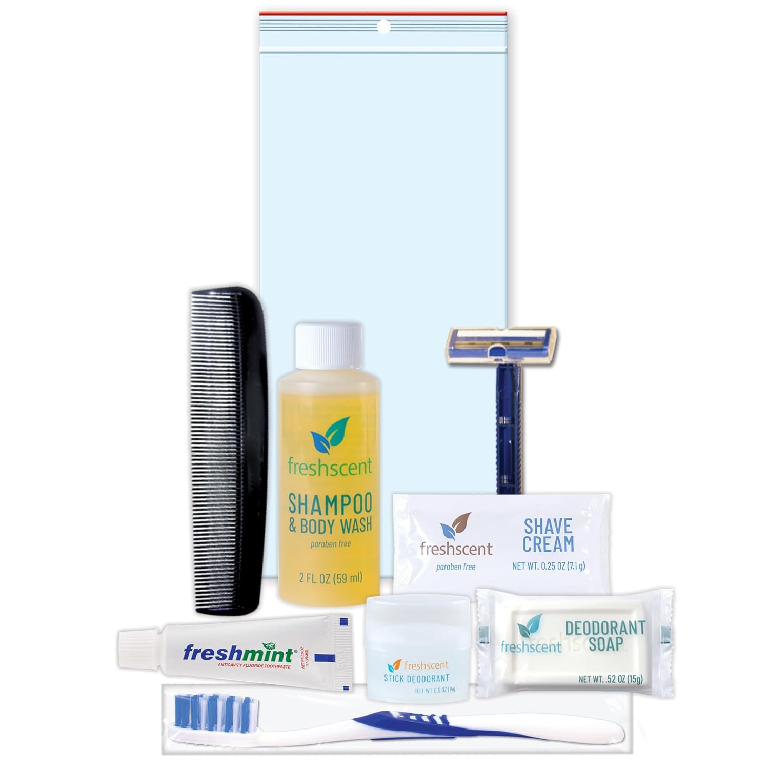 Convenience Kits International Unisex 9-Piece Hygiene Travel Kit with Toothpaste, Deodorant Soap, Shave Cream, Stick Deodorant, Toothbrush, Razor, and TSA-Compliant Zippered Travel Bag