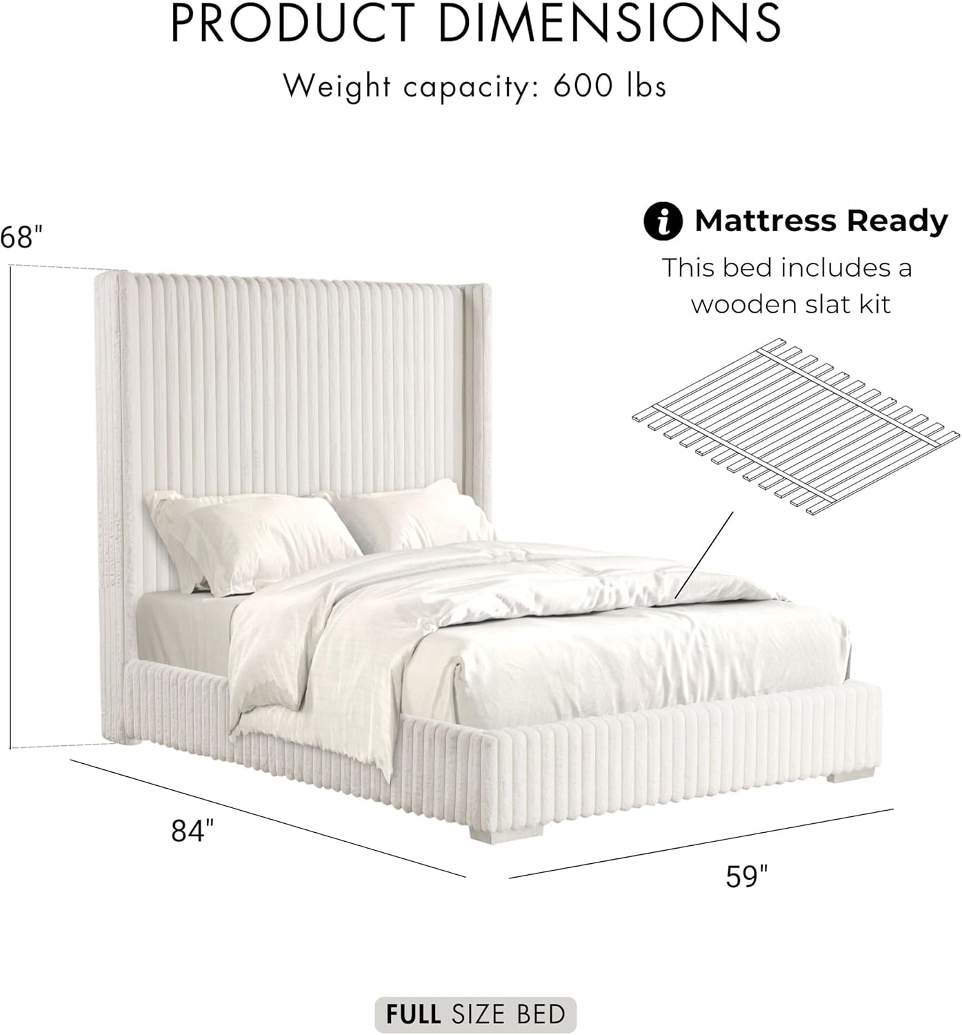 Furniture of America Plutforn Modern Wood 59-inch Full Platform Bed with Fur Chenille Fabric, No Box Spring Required for Bedroom, Guest Room, White