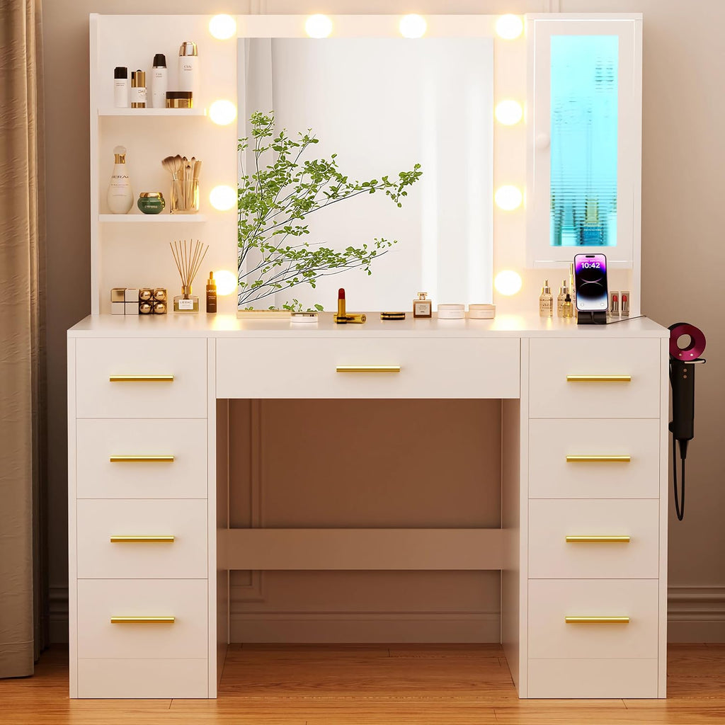 ERLEJIA Vanity Desk with Mirror and Lights, 43' Large Makeup Dressing Table with 9 Drawers & 3 Shelves, RGB LED Lighting & Power Outlet, White and Gold