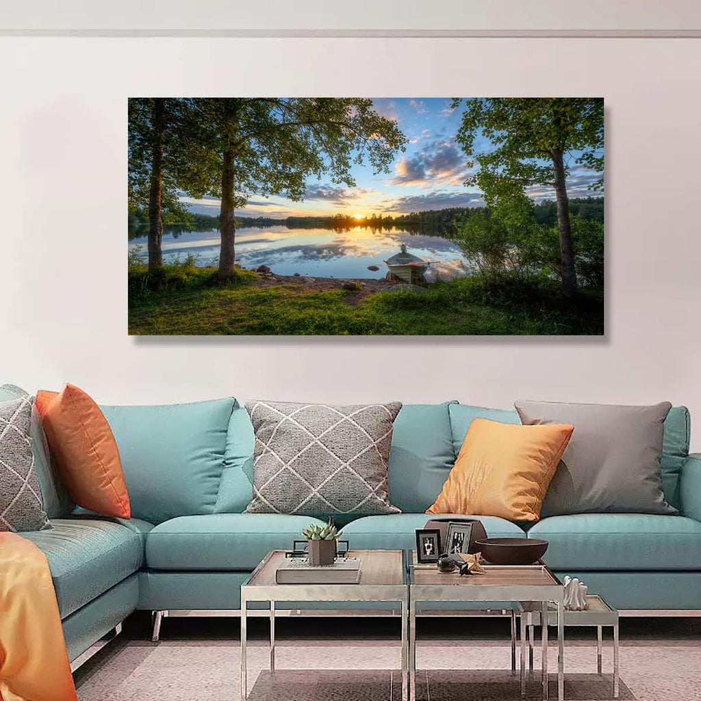 Tree Canvas Wall Art of a Sunrise Over a Forest Lake 28x57 inches Nature Inspired Painting Perfect for Wall Decoration in Living Room and Bedroom Trees and Landscape Picture Artwork Prints