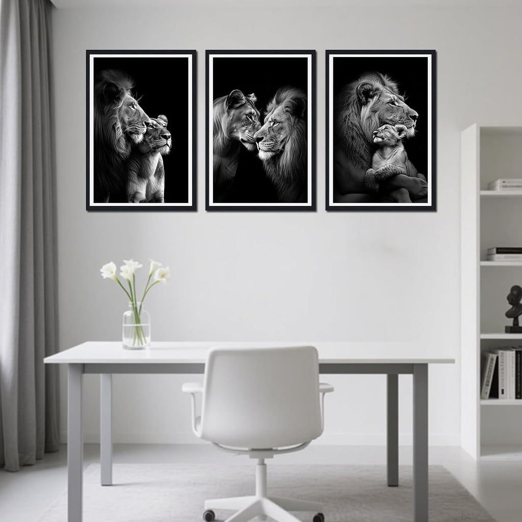 African Lion Framed Canvas Wall Art Set of 3 Lion and Lioness Hug Wall Decor for Country Apartment Living Room Office Nursery Modern Wildlife Animal Artwork Decoration Easy to Hand 24x36inchx3pcs