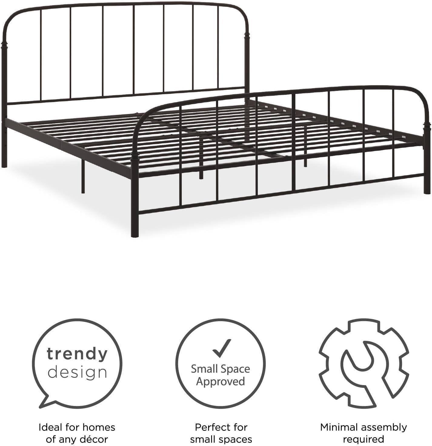 DHP Lafayette Metal Platform Bed with Rustic Style Curved Headboard and Footboard, Adustable Base Height for Underbed Storage, No Box Spring Needed, King, Bronze