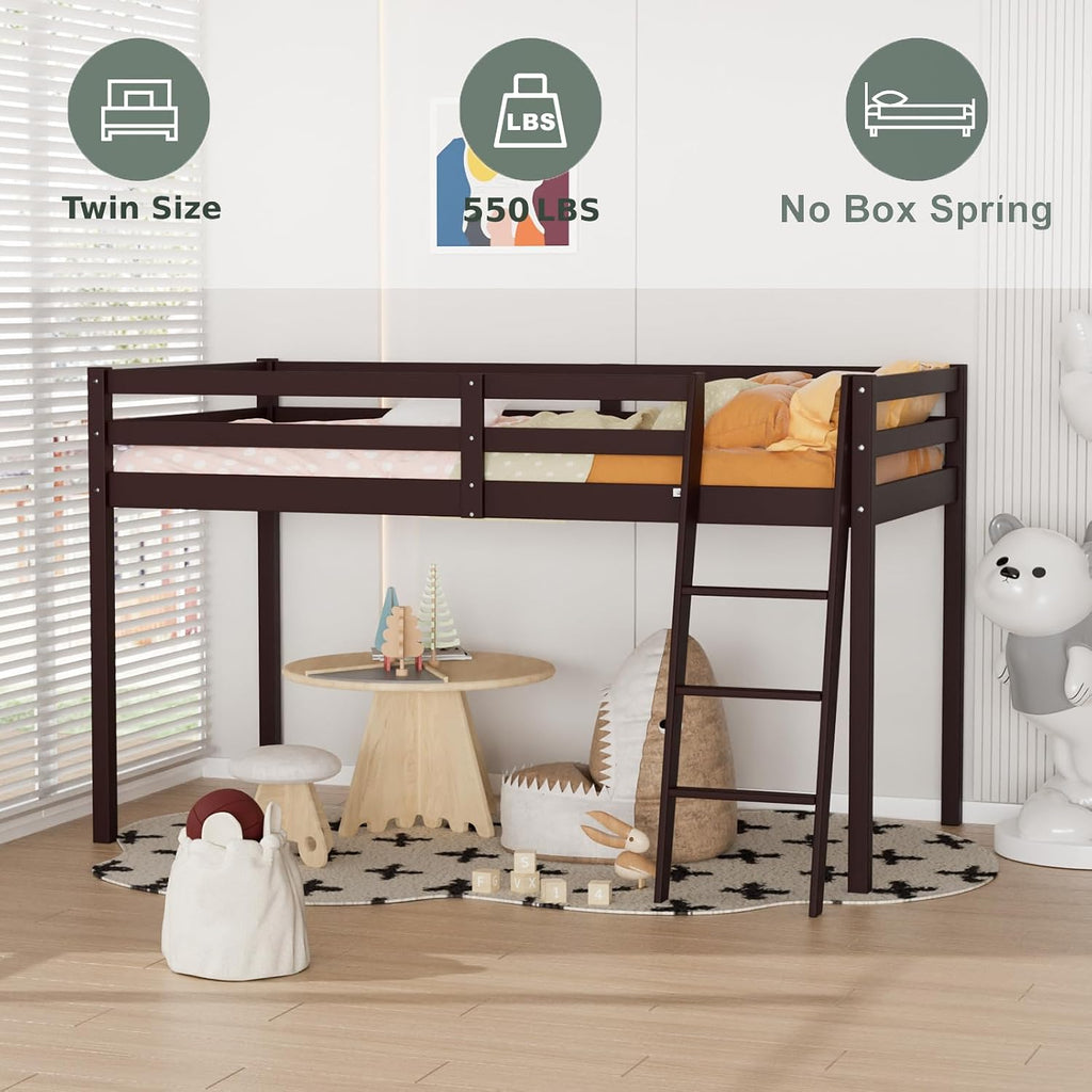 VINGLI 47'' Tall Junior Low Loft Bed with Stairs, Wood Loft Bed Twin Size for Adults, Kids and Young Teens, No Box Spring Required,Wood Slat Support, Espresso