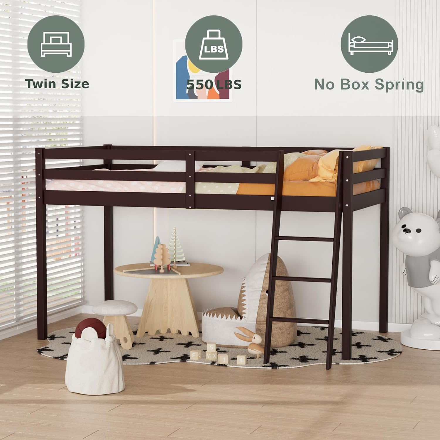 VINGLI 47'' Tall Junior Low Loft Bed with Stairs, Wood Loft Bed Twin Size for Adults, Kids and Young Teens, No Box Spring Required,Wood Slat Support, Espresso