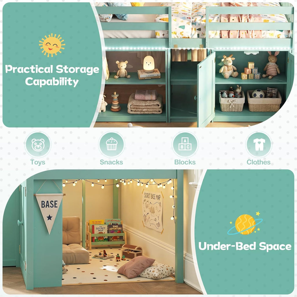 KOMFOTT Low Loft Bed with LED Light, Stairs & Guardrails, Modern Wood Kids Twin Bed with Under-Bed Space, Storage Cabinet and Shelves, Space-Saving Twin Loft Bed for Kids, No Box Spring Needed (Green)