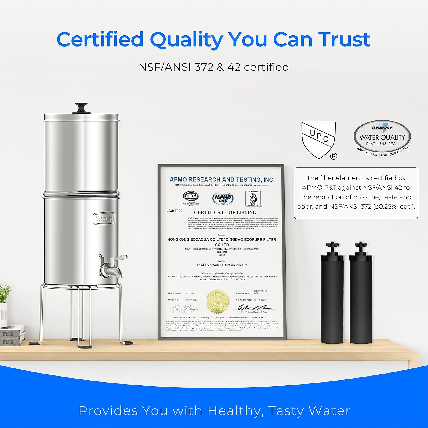 Waterdrop TK-AB-FS Gravity Water Filter System, with Silver Ions Enhanced Filtration, NSF/ANSI 42&372 Standard, Reduces Fluoride and Chlorine, with 4 Filters and Metal Spigot, 2.25G