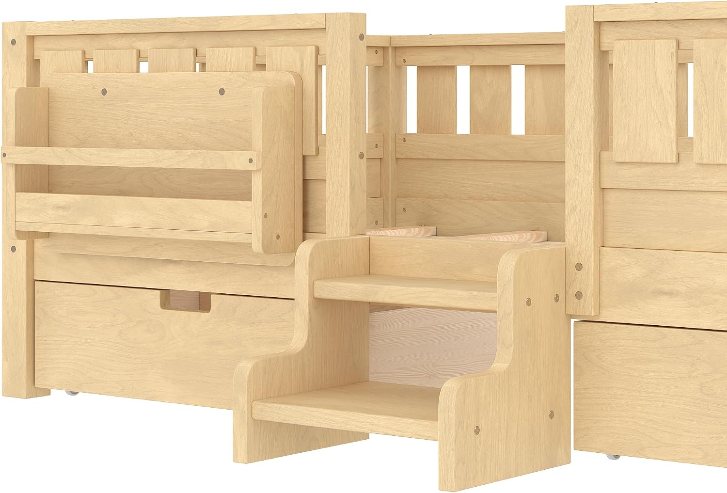 Bellemave Twin Size Kids Montessori Bed with Stairs and Bookshelf,Solid Wood Twin Size Kids Bed Frame with Drawers and Storage for Girls Boys,Low-Profile,Light Natural