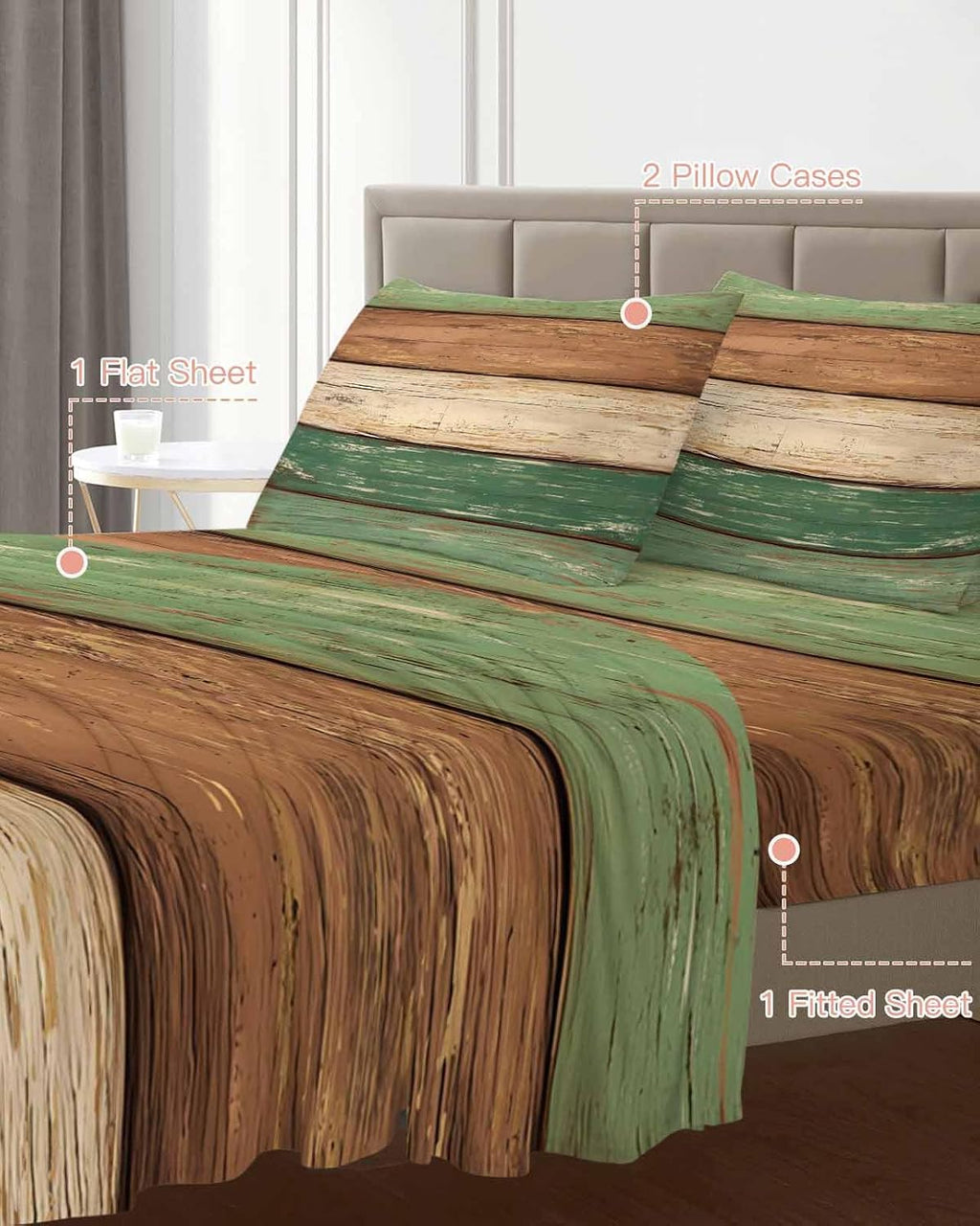 Farmhouse Dark Sage Green Brown Cal King Sheet Set 4 Piece Bedding - Vintage Wooden Striped Breathable Comfy Cooling Bed Sheets & Pillowcase Sets, Hotel Luxury Flat Sheets Deep Pockets Fitted Sheet