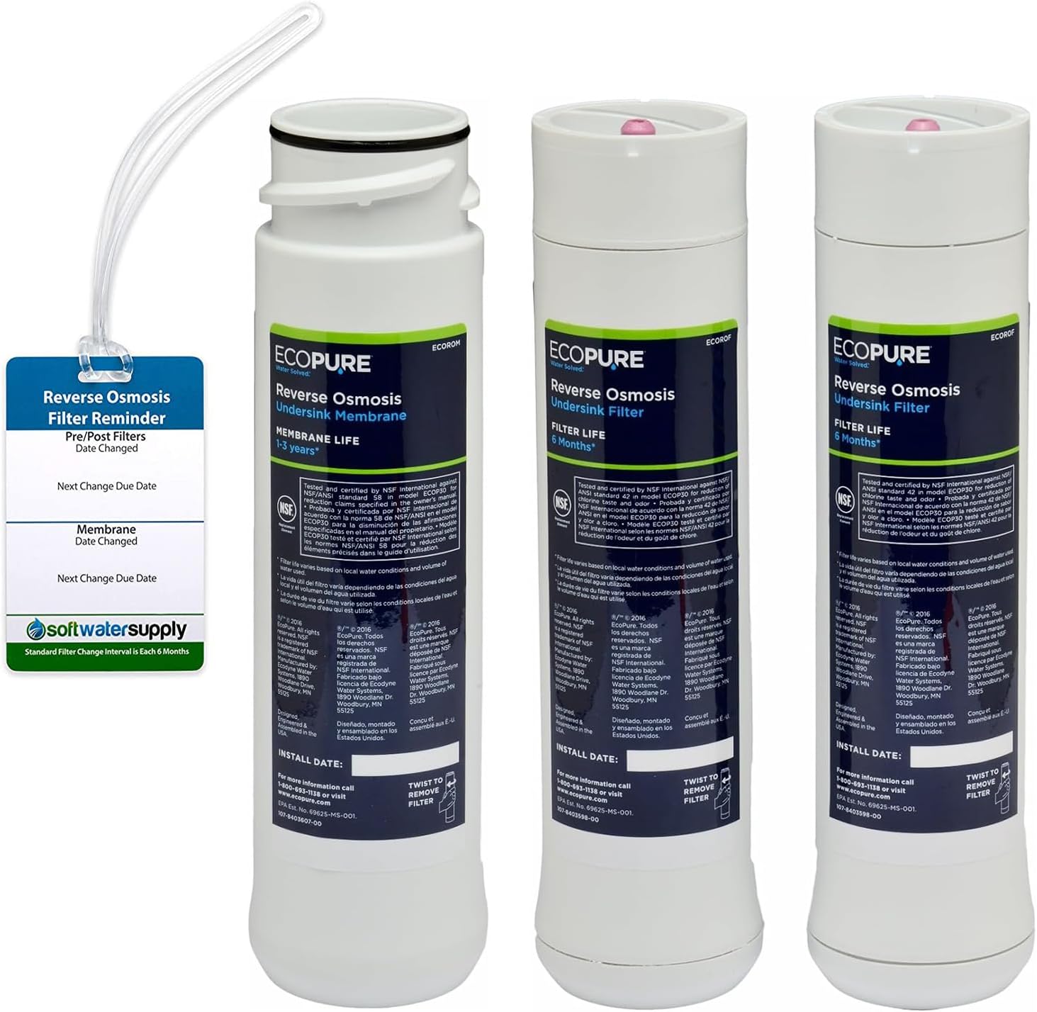 EcoPure Reverse Osmosis Filter and Membrane Set - Includes Membrane ECOROM and Pre/Post Filter Set ECOROF - Plus Reminder Tag - NSF Certified Authentic OEM Parts for ECOP30 RO Unit - EcoPure Only