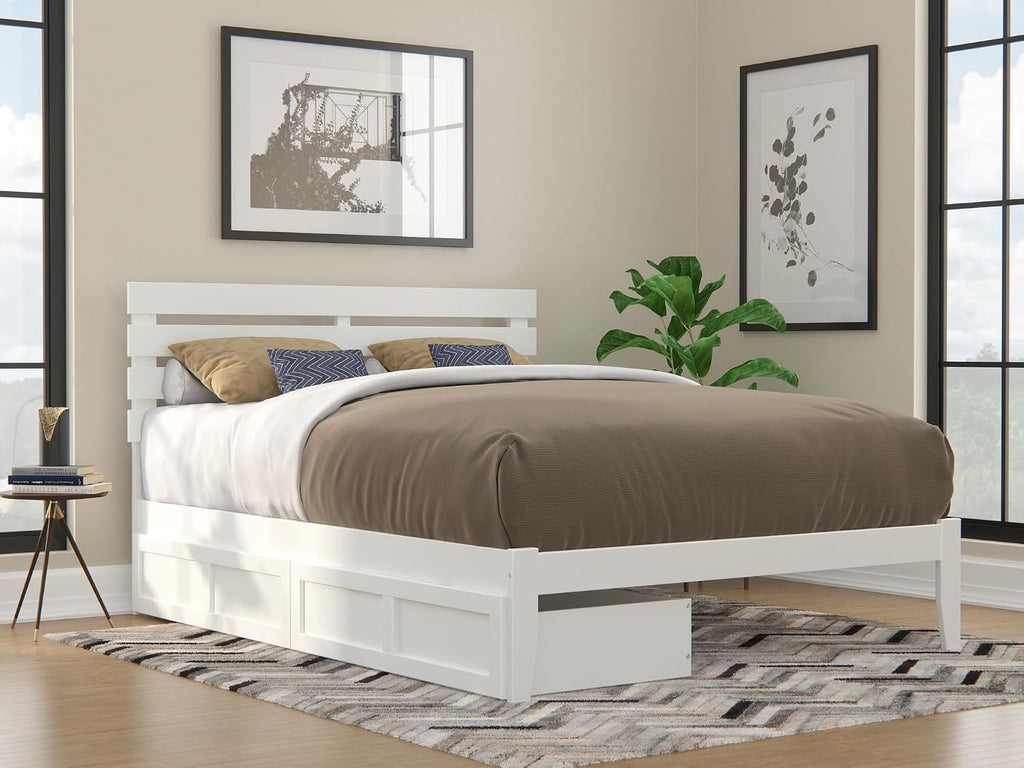 AFI, Oxford Queen Platform Bed with Set of 2 Underbed Storage Drawers, White