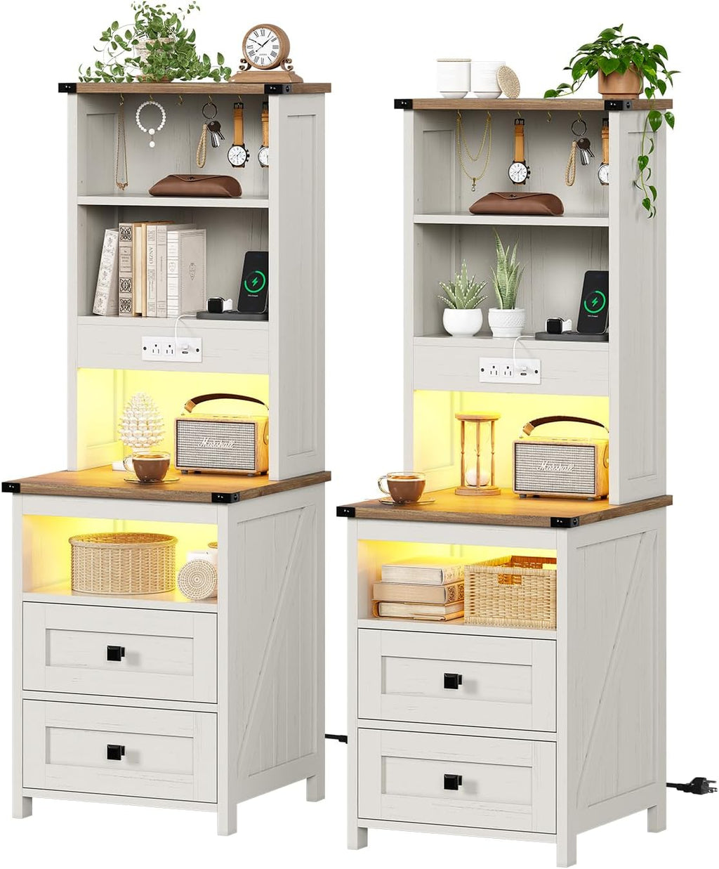 Farmhouse Tall Nightstand Set of 2 with Charging Station and 2 Drawers,Led White Night Stand Set of 2 with Bookshelf,Bedside End Side Table with Storage Shelves for Bedroom,Antique White