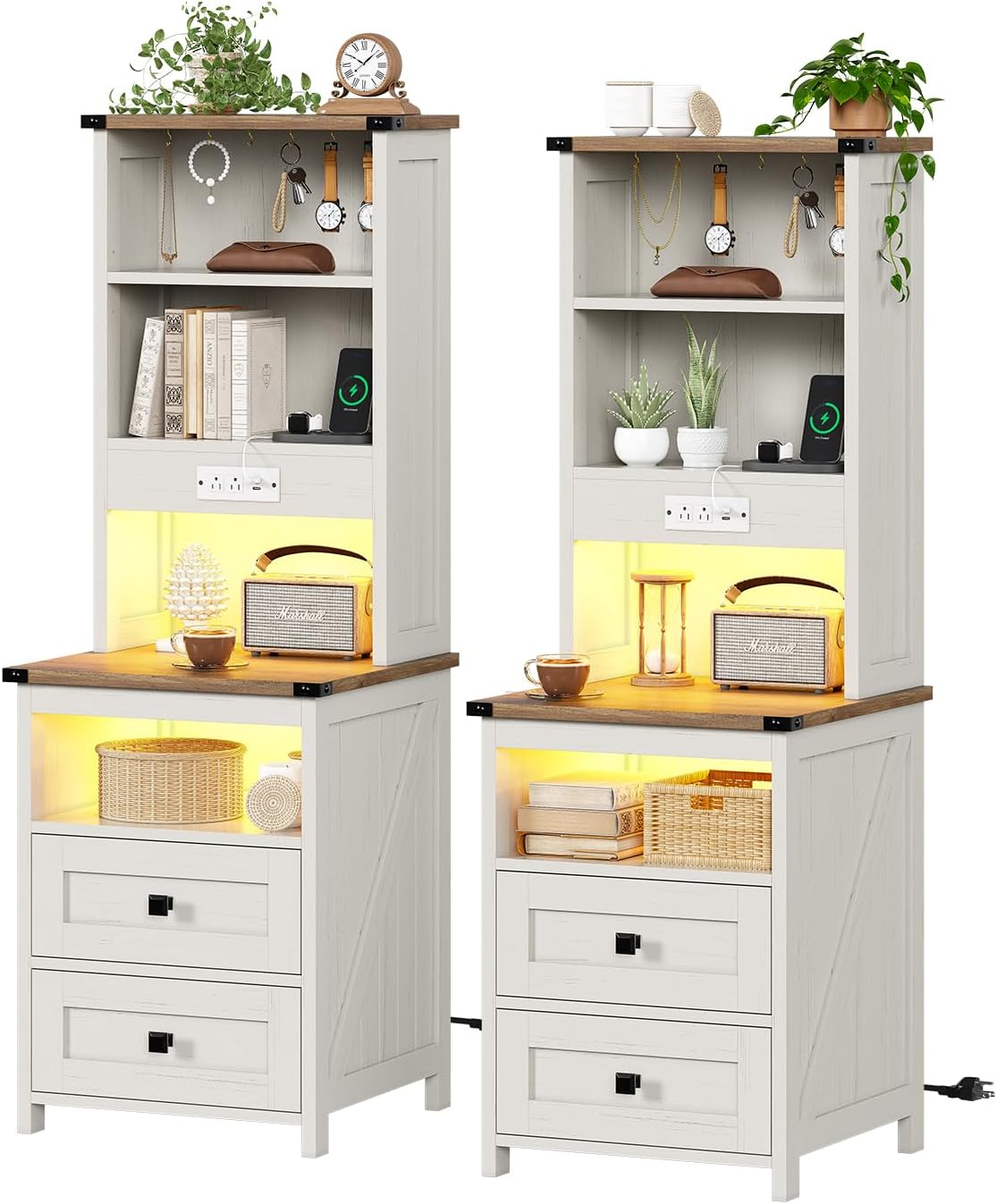 Farmhouse Tall Nightstand Set of 2 with Charging Station and 2 Drawers,Led White Night Stand Set of 2 with Bookshelf,Bedside End Side Table with Storage Shelves for Bedroom,Antique White