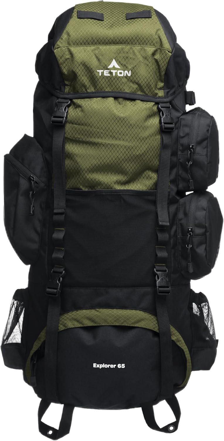 Teton 65L Explorer Internal Frame Backpack for Hiking, Camping, Backpacking, Rain Cover Included, Olive