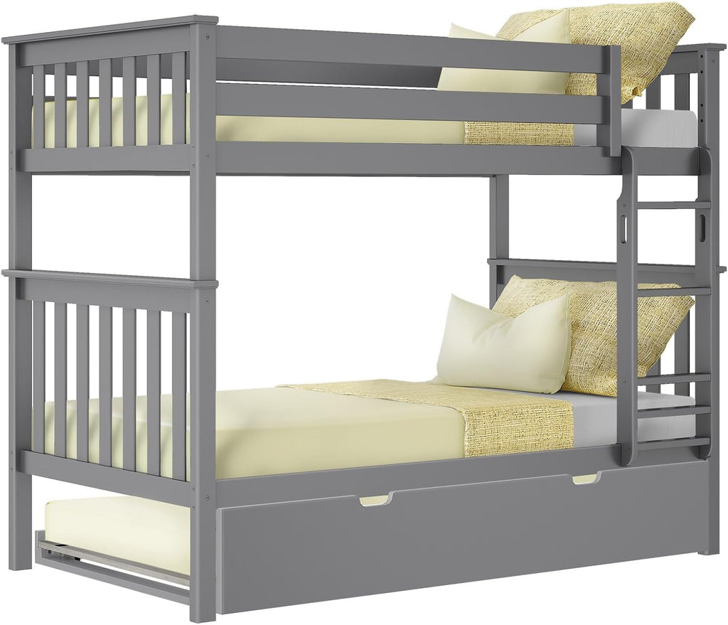 Max & Lily Bunk Bed, Twin-Over-Twin Wood Bed Frame For Kids With Trundle, Grey