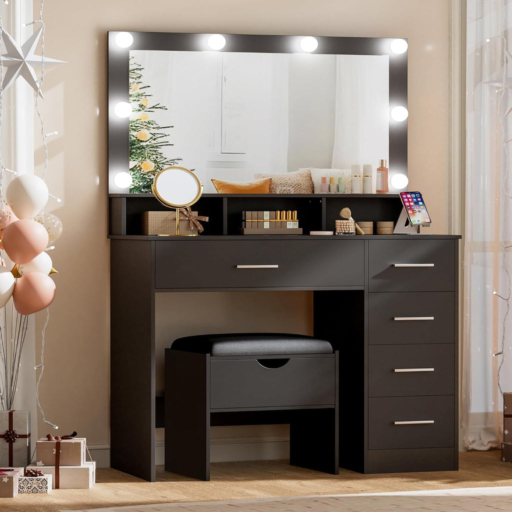 ERLEJIA Vanity Desk with Mirror and Lights, 35.43' Large Mirror Makeup Table with Stool, 5 Drawers Dressing Table for Girls and Ladies Bedroom, Black