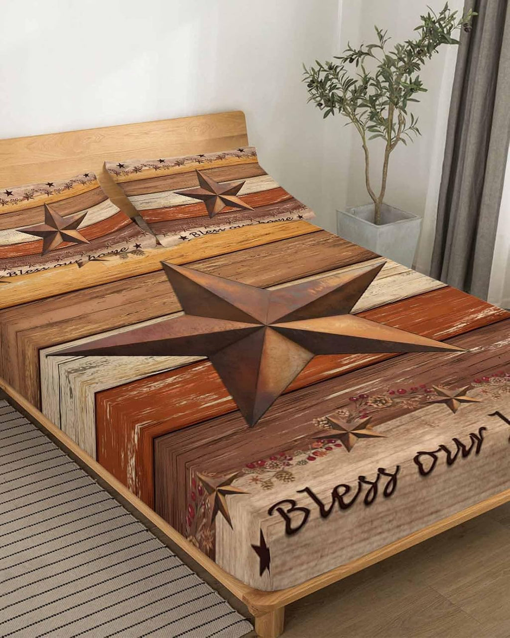 Western Texas Star Vintage Cal King Sheet Set 4 Piece Bedding - Farmhouse Brown Wood Grain Breathable Comfy Cooling Bed Sheets & Pillowcase Sets, Hotel Luxury Flat Sheets Deep Pockets Fitted Sheet