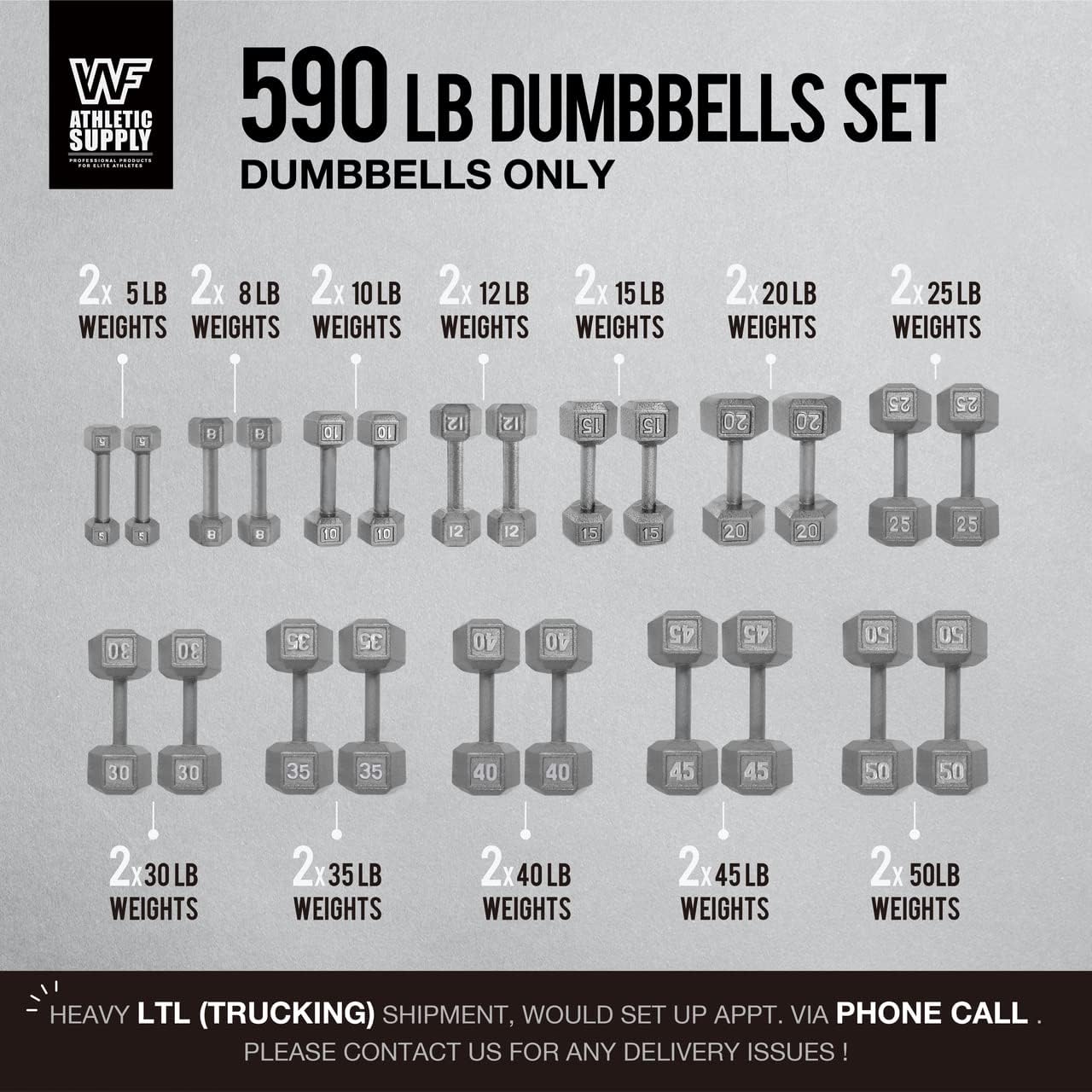 WF Athletic Supply Cast Iron Dumbbell Set, Solid Hexagon Grey Dumbbell Set, Strength Training Free Weights for Women & Men