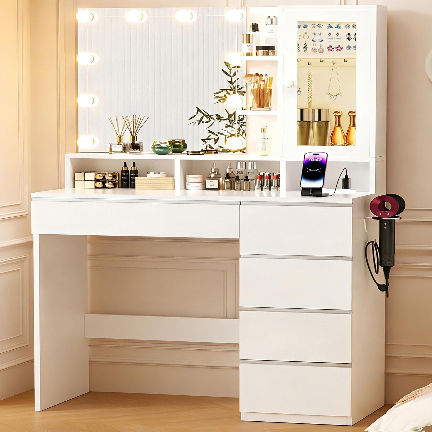 ERLEJIA Vanity Desk with LED Lights Mirror, Makeup Table with Power Outlet for Ladies and Girls, 35.43' RGB Light Makeup Desk with 6 Storage Drawers for Bedroom, White 2
