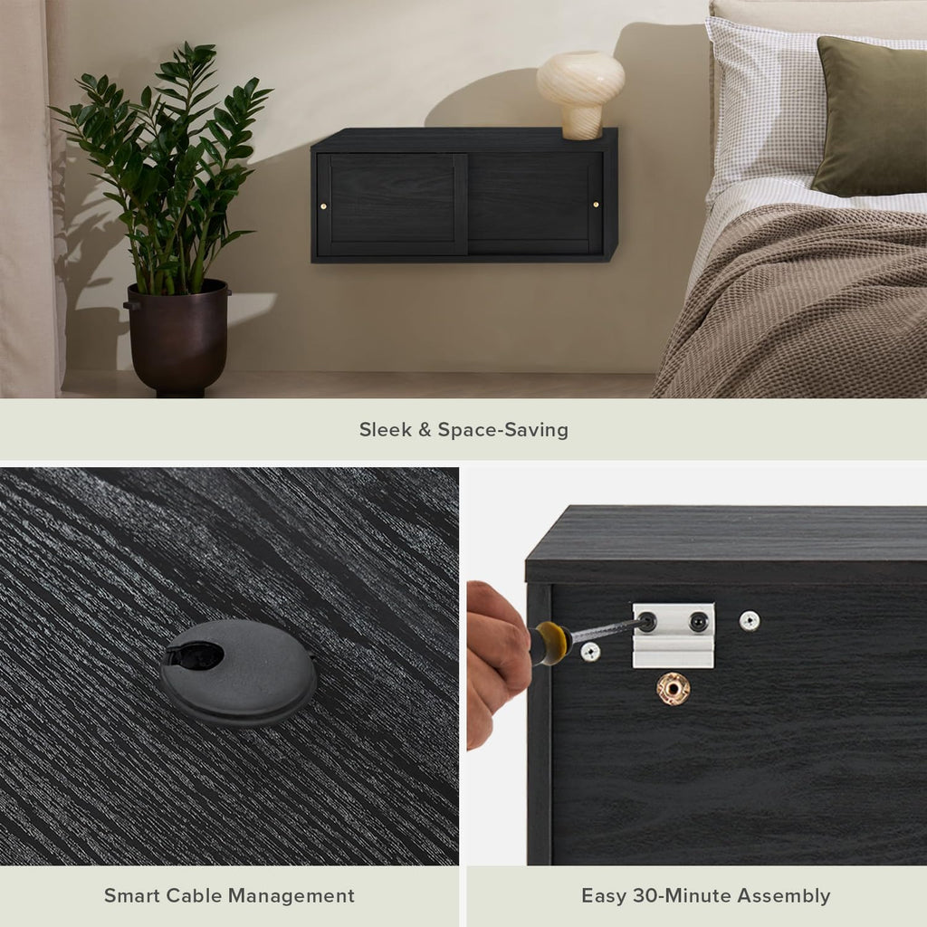 mopio Lauren Floating TV Shelf, Multi-Purpose Modular Under TV Display Shelf, Wall Mounted Wood Television Cabinet, Nightstand, Side Table, End Table, Bedside Shelves for Bedroom (Black, 31', Single)