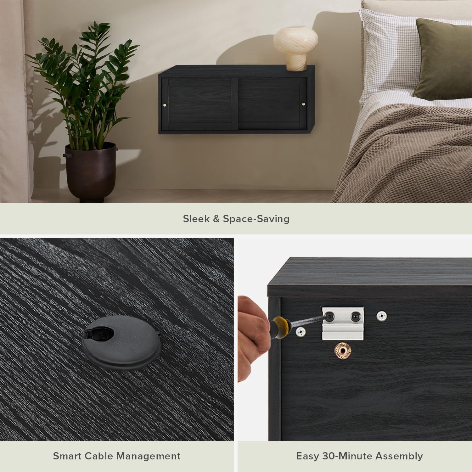 mopio Lauren Floating TV Shelf, Multi-Purpose Modular Under TV Display Shelf, Wall Mounted Wood Television Cabinet, Nightstand, Side Table, End Table, Bedside Shelves for Bedroom (Black, 31', Single)