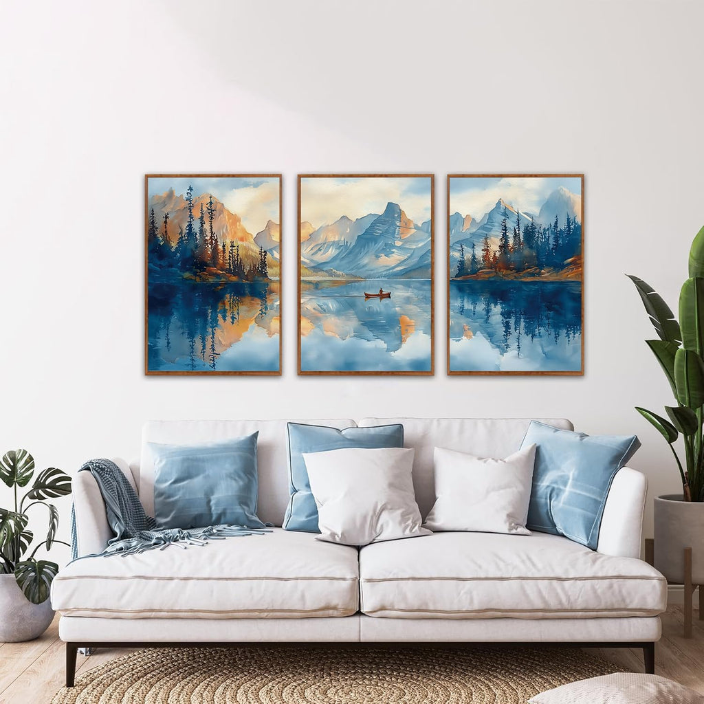 KAIRNE Landscape Wall Art Set of 3(24'X36'),Abstract Forest Canvas Paintings,Watercolor Blue Mountain Lake Prints,Framed Nature Scenery Artwork for Living Room Bedroom Home Office Gallery Decoration