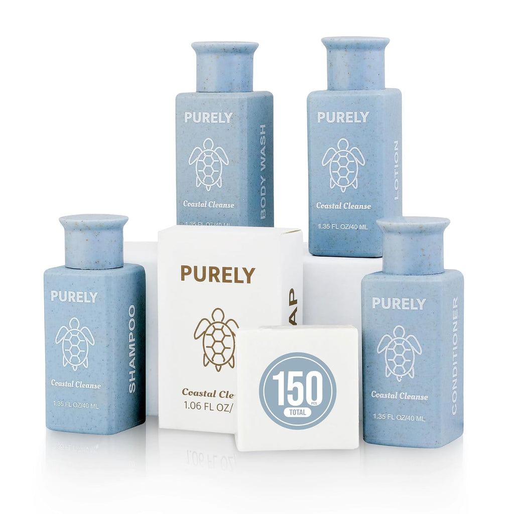 Purely | 150pc set | Hotel Soaps and Toiletries Bulk set | Airbnb Essentials for Hosts | Mini Travel Size Shampoo and Conditioner Sets | Bulk Travel Size Toiletries | Homeless Supplies Bulk