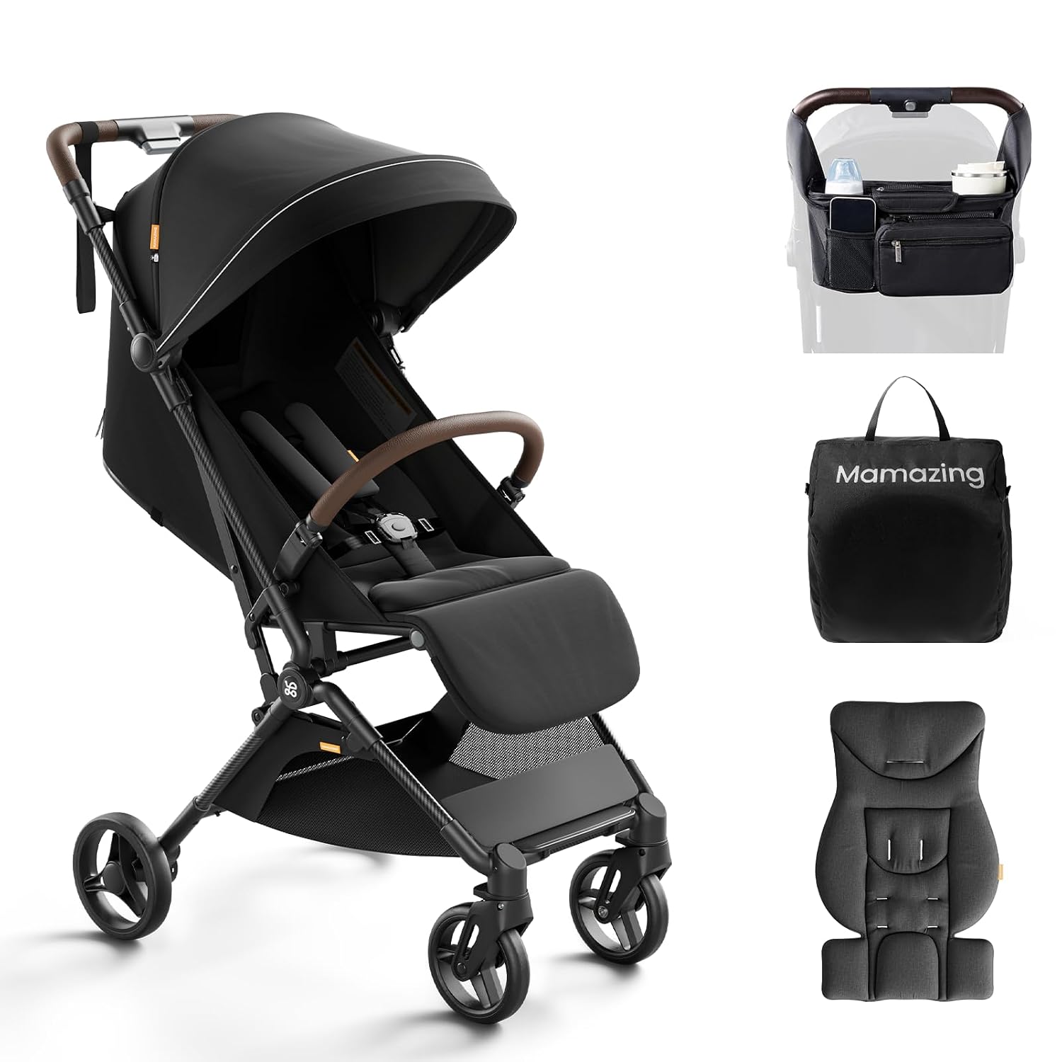 MAMAZING Ultra Air Lightweight Baby Travel Stroller with Carbon Fiber Frame, Compact & Airplane-Friendly, One-Handed Fold, 11.6 lbs, Perfect for Toddlers, Organizer & Cushion Included, Jet