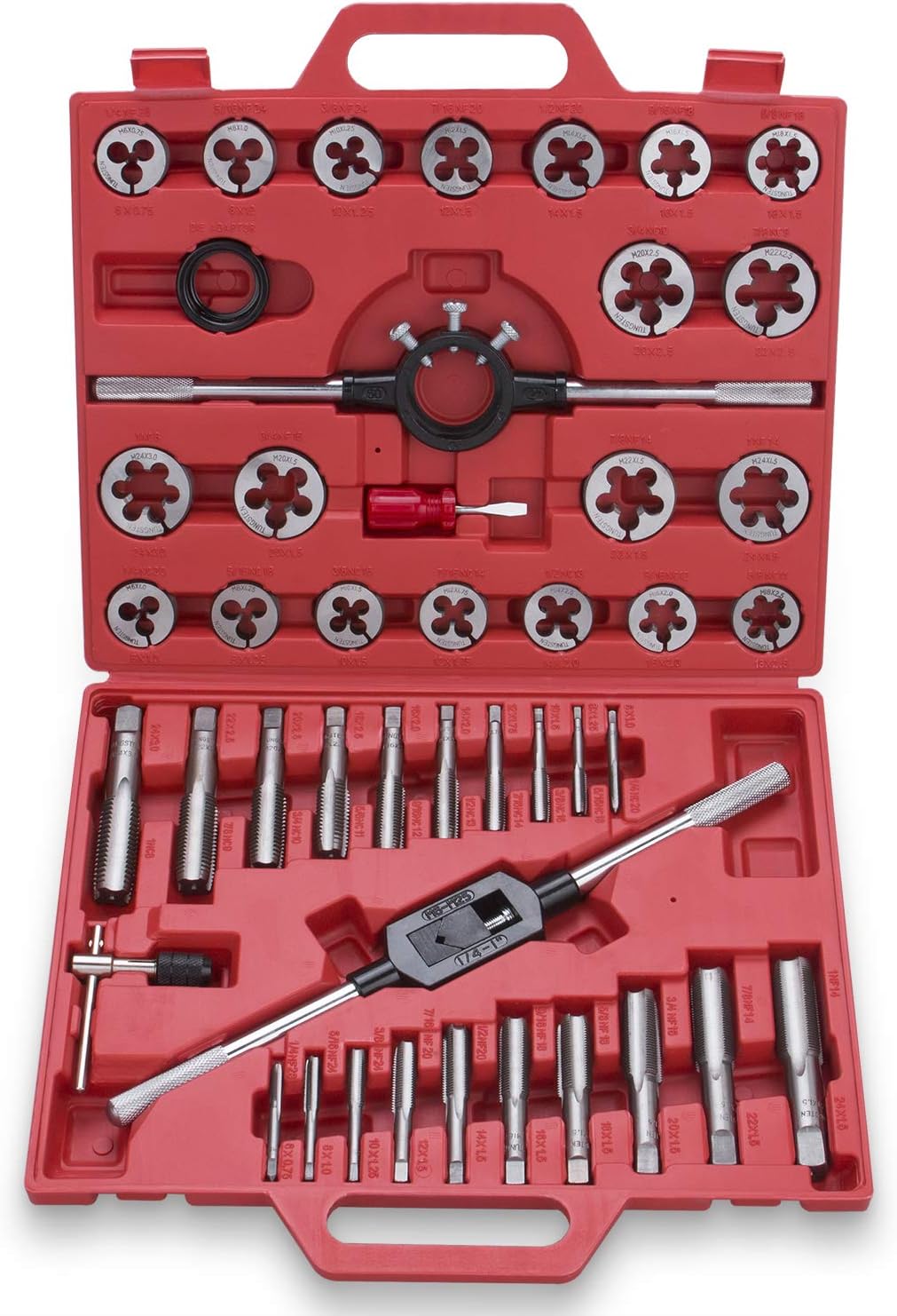 45-Piece Premium Large Size Tap and Die Set - Metric M6, M8, M10, M12, M14, M16, M18, M20, M22, M24, Both Coarse and Fine Teeth | Essential Threading and Rethreading Tool with Handle Wrench and Case