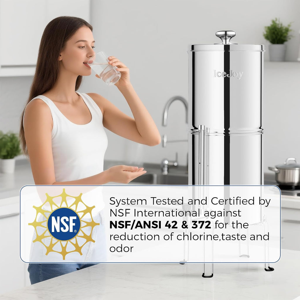 8-Stage Gravity Water Filtration System 3.0 Gallon-304 Stainless Steel Countertop System with 4 Filters and StandReduce 99.9% Chlorine, NSF/ANS 42 Certifcation