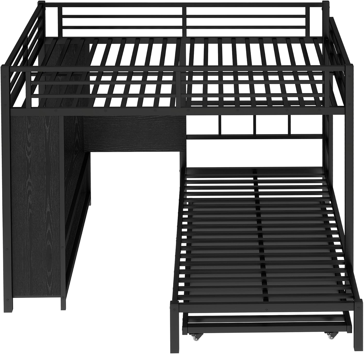 JIVOIT Metal Bunk Bed with Trundle, Queen Over Twin Bunk Bed with Foldable Desk, Built-in Wardrobe, Ladders and Safety Guard, Noise-Reduced Design, Space-Saving, No Box Spring Needed
