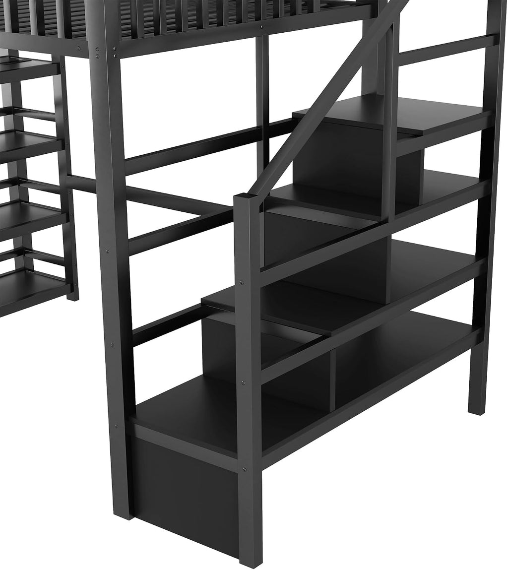 JIVOIT Metal Full Loft Bed with 4 Shelf Storage Rack, Stairs Storage, Open Shelves for Upper, Space-Saving Full Loft Bed with Guardrails and Metal Slats Support for Kids Teens (Black/1)
